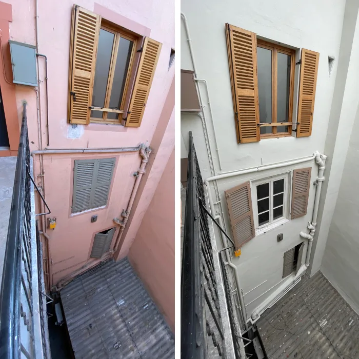 Avant / après : ravalement et mise en peinture d'une façade de cour intérieure par cordiste