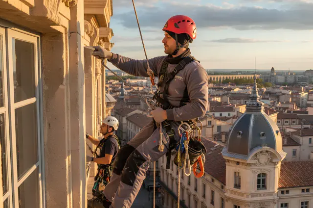 Illustration : deux cordistes suspendus le long d'une façade en pierre, au-dessus des toits d'une ville du sud