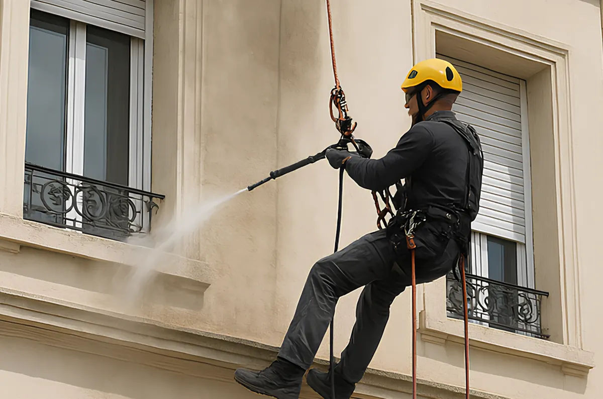 Illustration : cordiste au casque jaune nettoyant une façade claire au jet, entre deux fenêtres à balcon en fer forgé