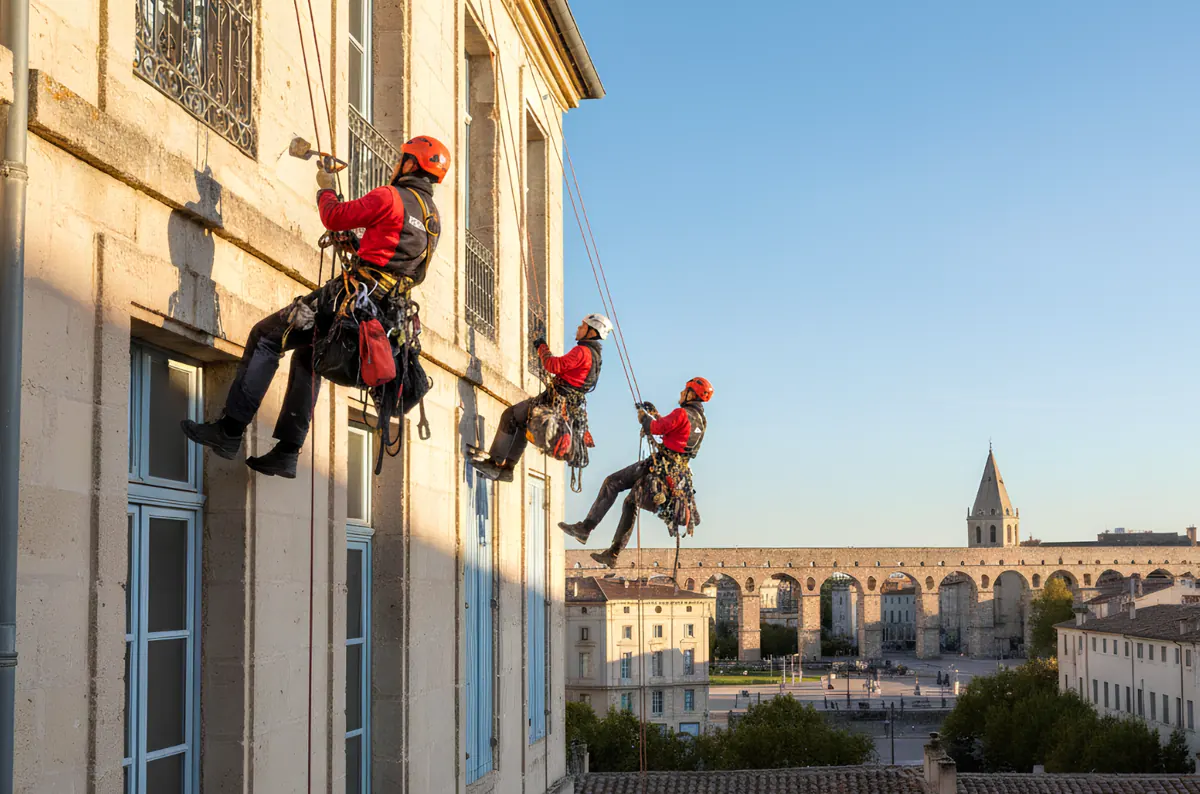 Illustration : trois cordistes en tenue rouge travaillant le long d'une façade d'immeuble, un aqueduc en arrière-plan