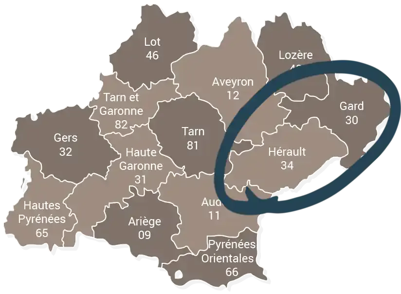 Carte de l'Occitanie avec l'Hérault entouré : zone d'intervention d'AM Cordiste autour de Montpellier, jusqu'au Gard voisin