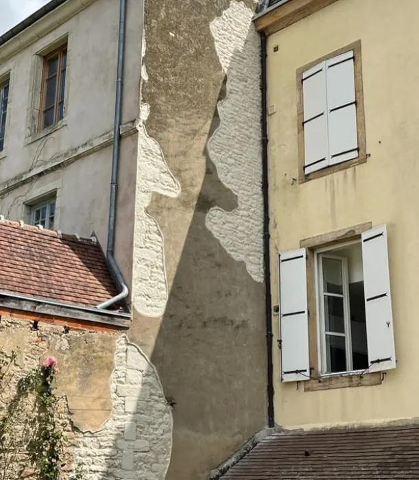 Façade ancienne dont l'enduit est tombé par plaques, laissant la pierre à nu entre deux maisons