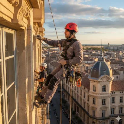 Cordiste réalisant des travaux en hauteur à Montpellier