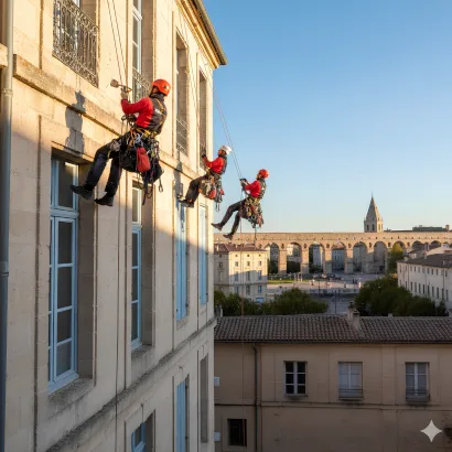 Travaux sur cordes sur une façade à Montpellier